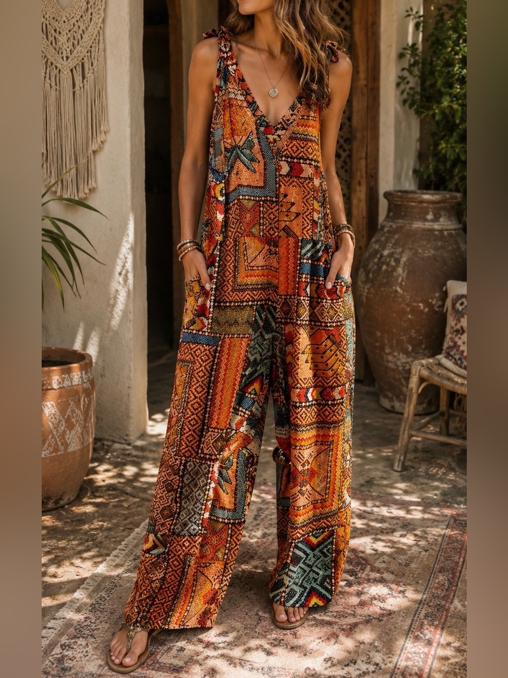 Haute Hippie Multicolor Aztec Printed Patchwork Wide-Leg Jumpsuit - Size M